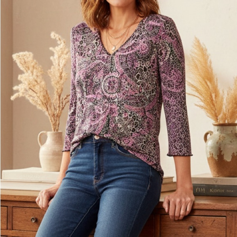 Paisley Print Brittany Black Pink Black Crushed Tunic Top Size PL Petite Large